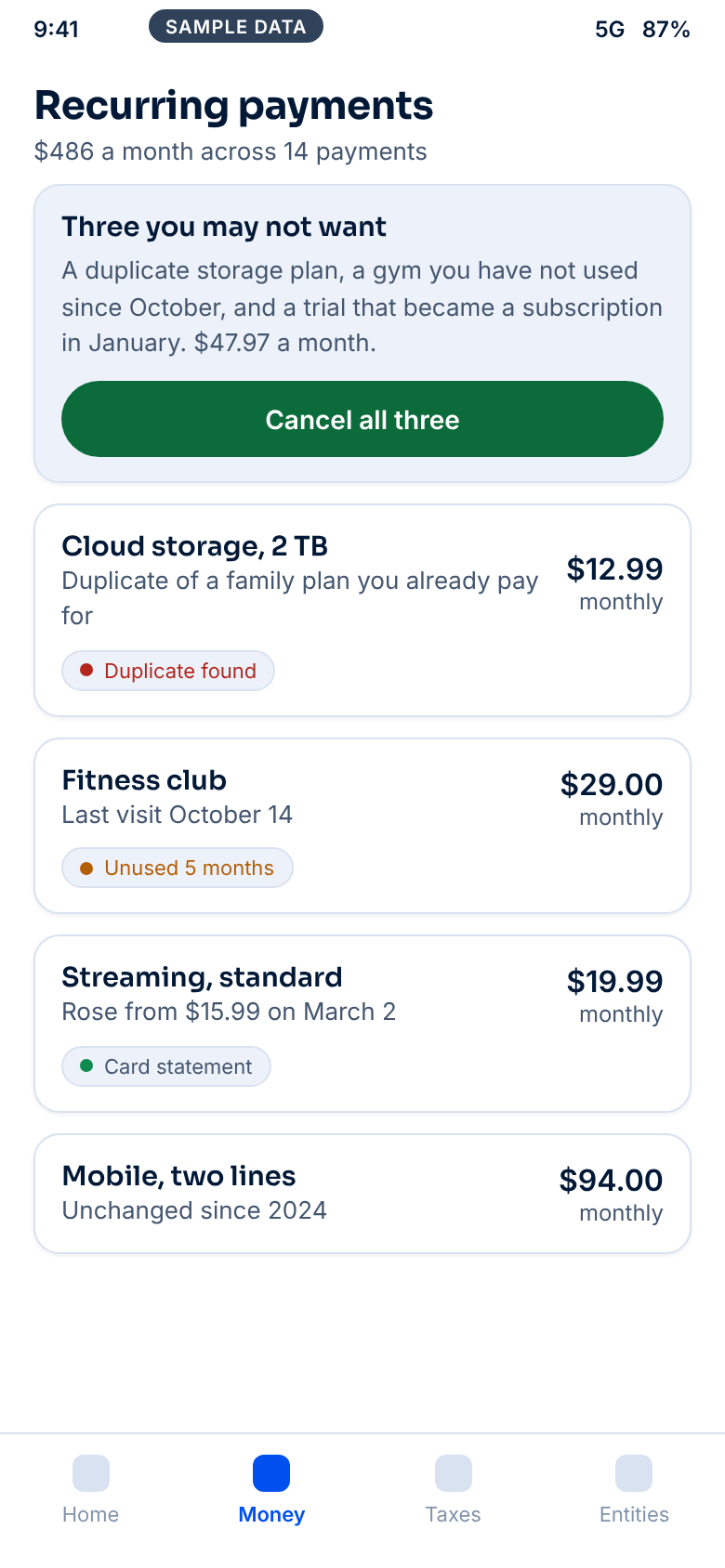 The subscriptions screen listing recurring charges with annual cost and a cancel action on each