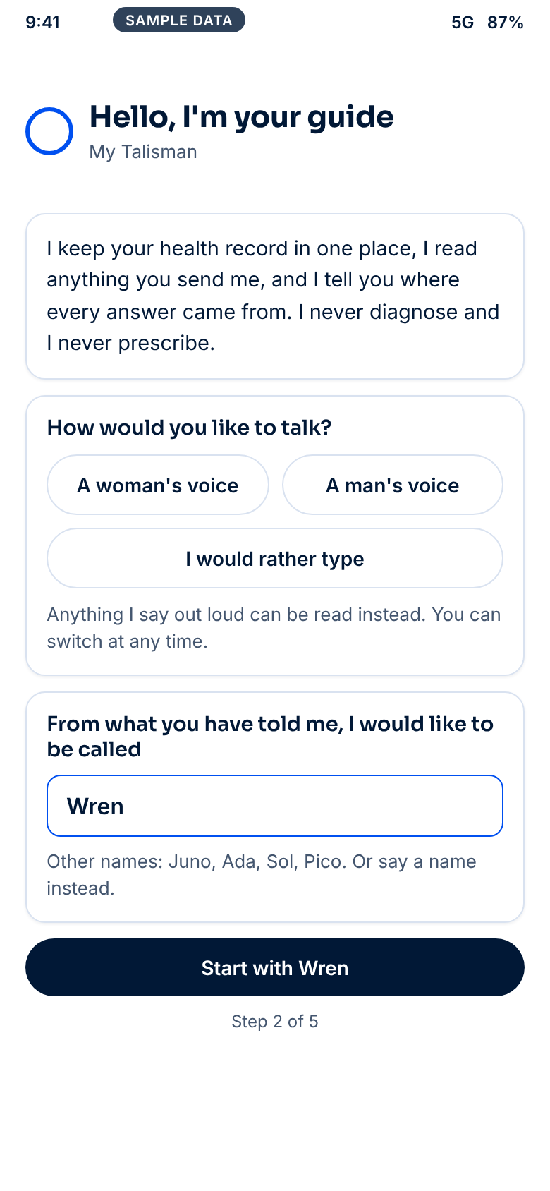 The welcome screen with the partner's logo, the guide's greeting and a choice of female or male voice